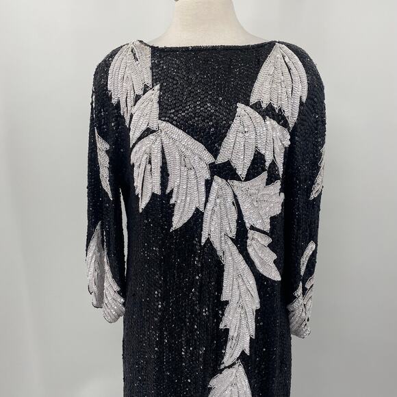 Vintage 80s Silk Beaded Sequined Evening Dress Asymmetric Black White Womens L - Picture 2 of 12